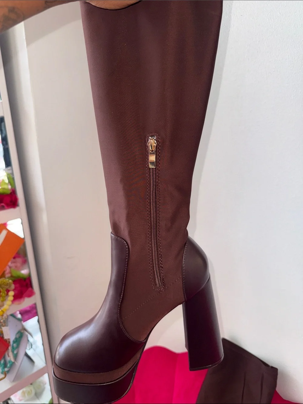 Women's Brown Platform Over-The-Knee Boots with Side Zipper